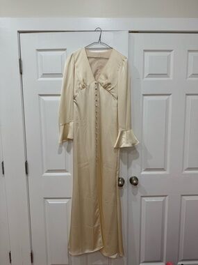 Long Sleeve Cream Satin Maxi Dress with Button Front